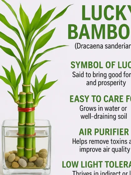 Lucky Bamboo is a symbol of good fortune that is incredibly easy to care for. This infographic shows it can grow in water or soil, thrives in low light, and helps purify the air, making it a perfect gift or desktop plant.