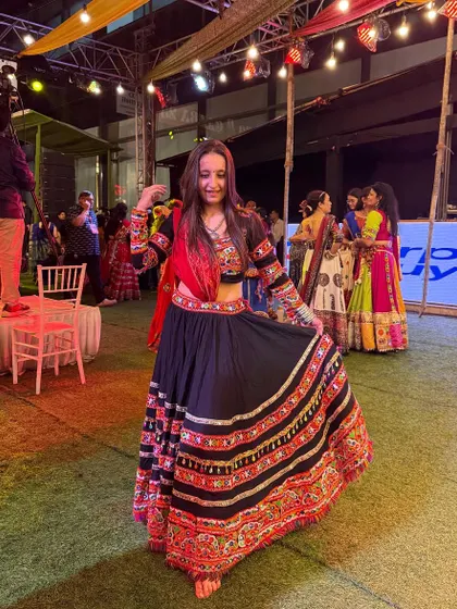 Another shot showing the beautiful flare of my ghagra. I can help you choose the right outfit that not only looks good but is also comfortable for dancing.