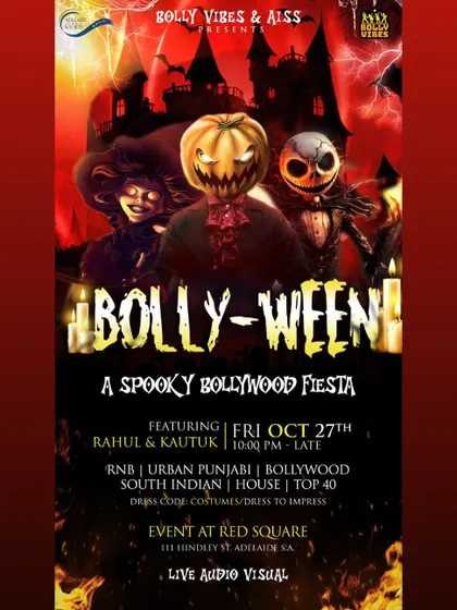 The flyer for 'Bolly-ween', a spooky Bollywood fiesta. I offer live audio-visual sets for themed parties like this, mixing music videos and visuals.