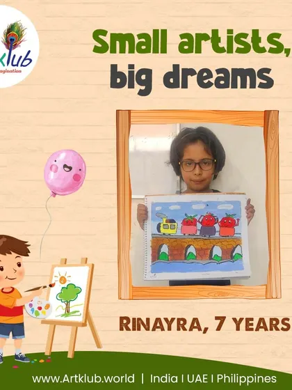 Seven-year-old Rinayra's drawing of colorful cars on a bridge shows that small artists have big dreams.