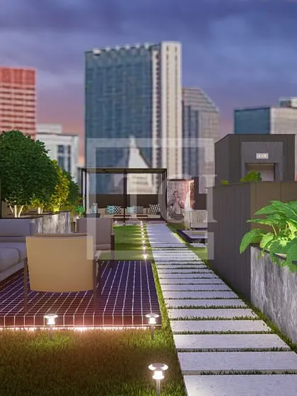 This render highlights the use of planters and pathways in the Mumbai design, creating a long, scenic walk through the garden with the city in the background.