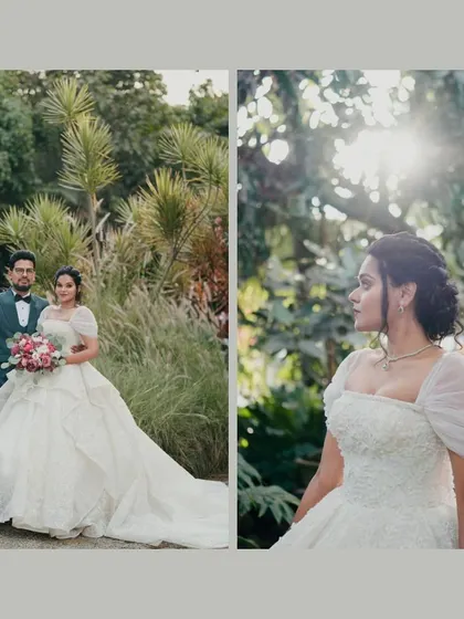 A stunning couple portrait session. The bride's magnificent gown stands out against the wild grasses and tropical plants, while the sun flares through the trees for a dramatic effect.