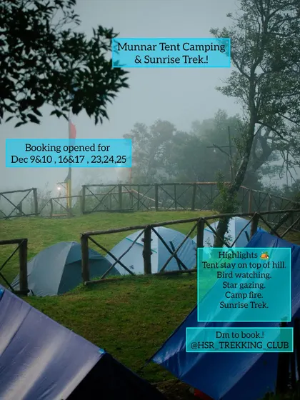 A poster detailing the highlights of the Munnar tent camping trip, including bird watching, stargazing, and the sunrise trek.