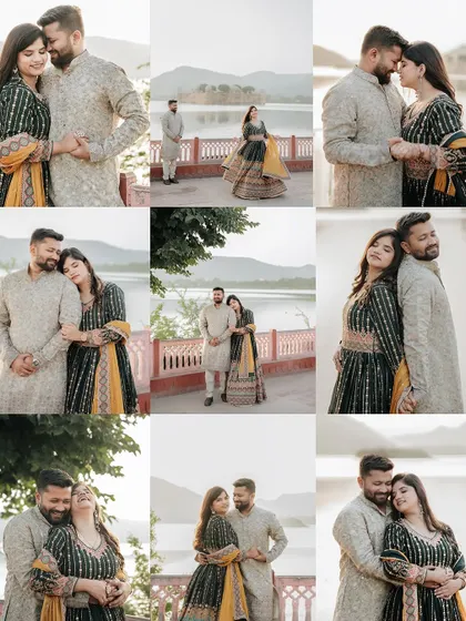 A beautiful collage from a lakeside shoot at Jal Mahal, filled with nine different moments that capture the couple's laughter, intimacy, and the stunning scenery.