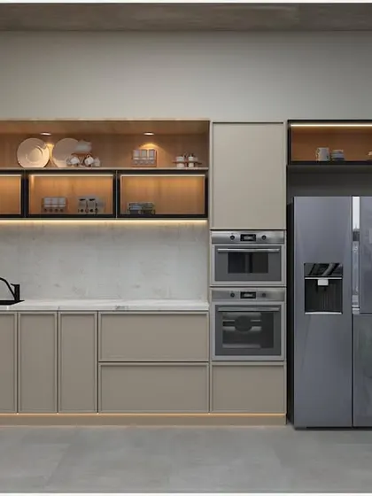 An open kitchen concept with beige cabinets and wood-toned upper shelves. The large window next to the kitchen provides excellent natural light and a view of the outdoors.