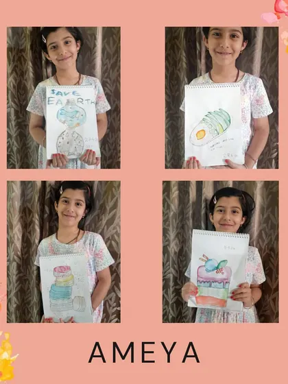 Ameya's collection of work shows her versatility, from themed drawings about saving the planet to fun food illustrations.