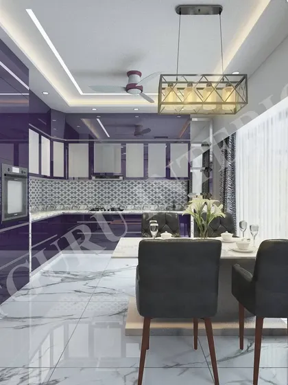 A bold and modern kitchen concept designed in 3D, featuring high-gloss purple cabinets and a patterned backsplash. The design includes an integrated dining table for a compact and efficient layout.