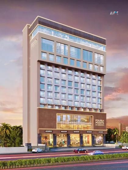 A render of the Four Points Hotel in Nashik. The design features a modern facade with retail at the ground level, creating a mixed-use hospitality destination.