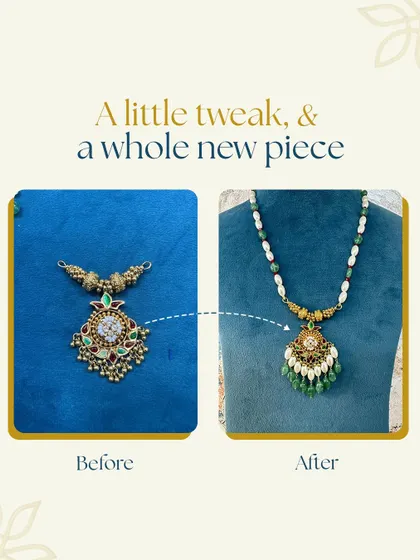 A little tweak, and a whole new piece. This dated pendant was transformed into a statement necklace by adding a pearl and emerald mala and updating the hangings, giving it a complete glow-up.