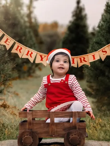 Merry Christmas from this adorable little one. The festive banner and her sweet smile make this a perfect holiday portrait.