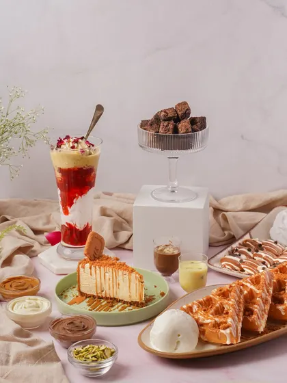 A lavish spread of desserts, including waffles, cheesecake, brownies, and a strawberry milkshake. This kind of "table escape" shot is perfect for showcasing the variety a dessert parlor offers.