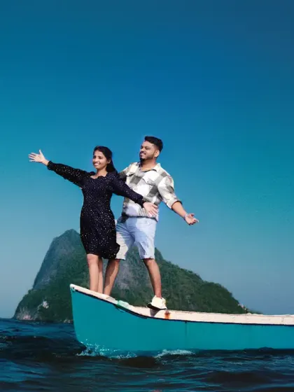 A fun, 'Titanic' inspired pose on a boat during a pre-wedding shoot in Alibaug. We love creating adventurous and memorable shots that reflect your playful side.