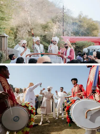 The groom's procession includes dhol players and cold-sparkle pyrotechnics, creating a high-energy and visually stunning baraat.