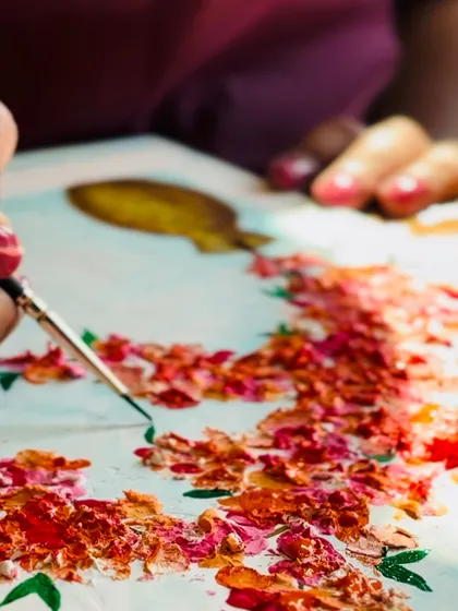 A close-up of bougainvillea textures being created. Using a palette knife and thick paints, we bring flowers to life on the canvas in a way that's both visual and tactile.