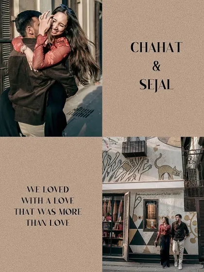 A beautifully designed collage from a Mumbai pre-wedding shoot, combining candid moments with artistic text. It tells a story of a love that is more than love.