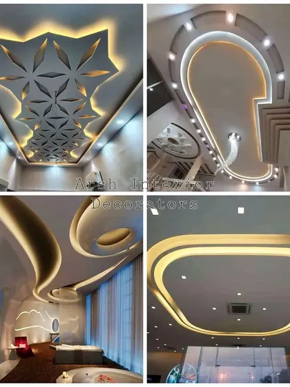 A collage of elegant and flowing false ceiling designs. These examples showcase my work with organic curves, 3D floral patterns, and sophisticated lighting to create a soft and luxurious feel.