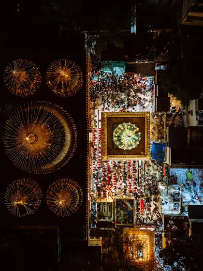 A direct overhead view of Hazrat Nizamuddin Dargah at night, with the central tomb and surrounding domes glowing like jewels. This image demonstrates my skill in capturing the intricate details and atmospheric lighting of spiritual places after dark.