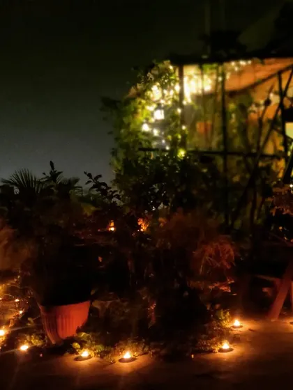 During Diwali, even the corners of the terrace are lit with the simple, beautiful glow of earthen diyas, surrounding the plants with warmth.
