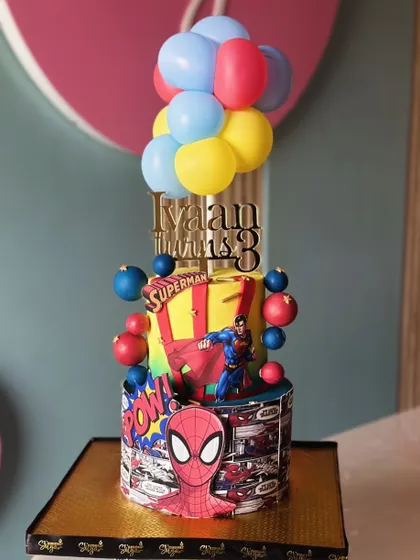Avengers, assemble! Our superhero cakes bring the action to your party, featuring characters like Spider-Man, Superman, Batman, and the Hulk on multi-tiered cityscapes.