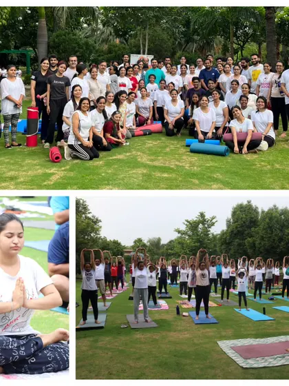 We are more than a class, we are a 'yog parivar' or a yoga family. This collage captures the spirit of our outdoor International Yoga Day celebration, where our community comes together to practice, connect, and share positive energy.