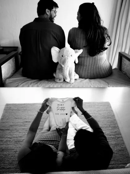 A cozy indoor announcement in black and white. The collage shows the couple with a stuffed elephant and a "Baby D'silva" onesie, making it very personal.