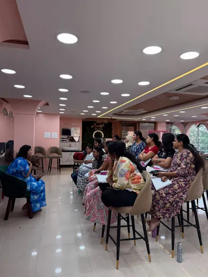 An attentive class of aspiring makeup artists. I create an environment where everyone feels comfortable asking questions and engaging in discussions.