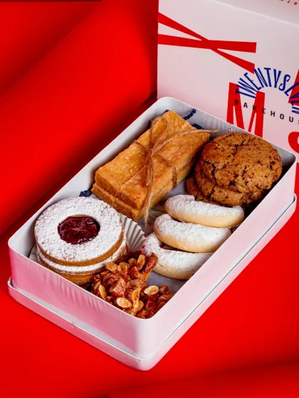 My Christmas Cookie Tin is perfect for gifting. It's packed with five different holiday classics from around the world, including Linzer cookies, Vanilla Kipferl, and more.