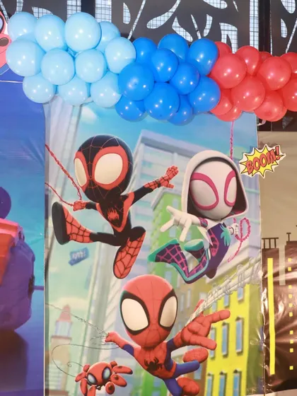 A close-up of the Spider-Man backdrop, showing the different characters in action.