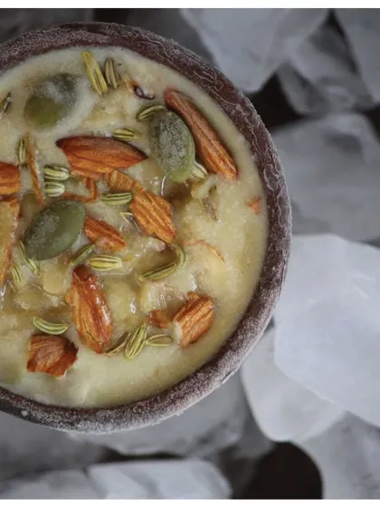 The delicious Masalewale Gud Di Kulfi, frozen in a traditional kulhad and garnished with nuts.