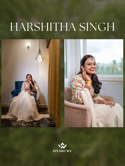 A collage of the bride, Harshitha Singh, looking radiant and happy in her beautiful white lehenga.