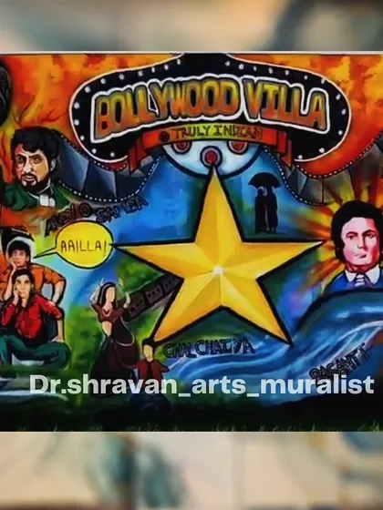 A throwback to one of my earlier commercial projects, a Bollywood-themed mural. This piece is a collage of famous actors and movie dialogues, creating a fun, nostalgic vibe.
