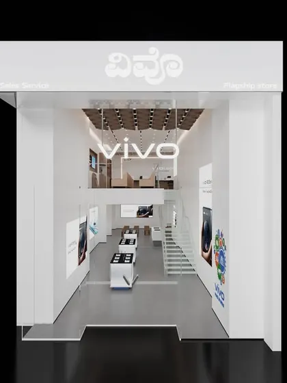 The entrance view of the Hyderabad retail store. The facade is designed to be modern and impactful, drawing customers in from the street with its clean branding and tall entryway.