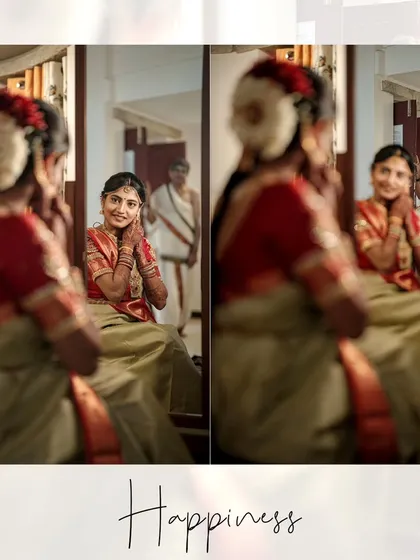 A beautiful and happy mirror portrait of the bride, capturing her joy as she gets ready for her wedding.