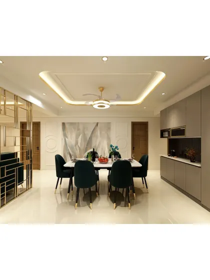 A bright and spacious dining room with a large table, perfect for hosting friends and family. The design is clean and modern, with a statement art piece adding a touch of personality.