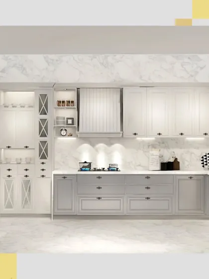 A wide shot of the main cooking wall, showcasing the symmetry of the design with the hob and range hood at its center.