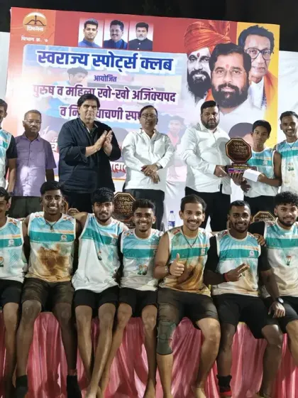 The men's team celebrating their title win at the Mumbai-Suburban District Championship 2025, organized by Swarajya Sports Club.