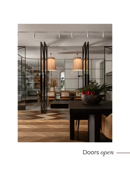 With the partitions open, the conference room transforms. The space now serves as a display center or a buffet counter for events, demonstrating the showroom's inherent flexibility and multi-functional design.