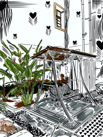 I found some creative inspiration at a cozy cafe. This doodle captures a quiet moment on a garden swing, turning a simple coffee break into a piece of art.