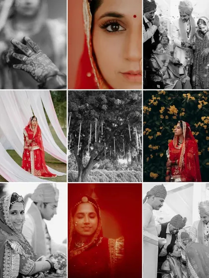 A mood board of the bride's story, from getting ready details to ceremony moments. This collage style gives a great overview of the wedding's aesthetic.