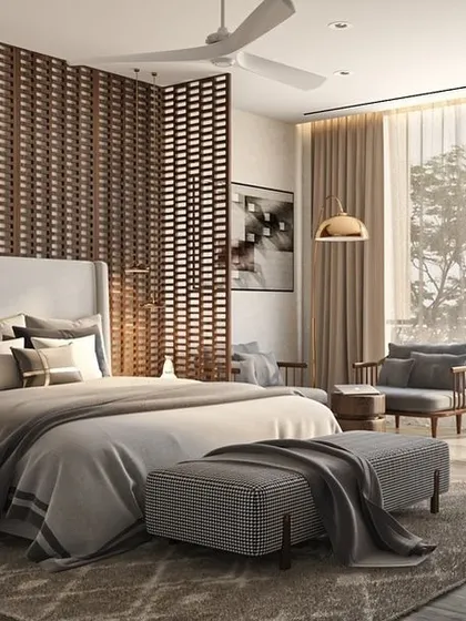 This angle highlights the natural light flooding the bedroom and the seamless integration of the TV and console unit. The design is minimal yet luxurious, focusing on high-quality materials and a calm atmosphere.