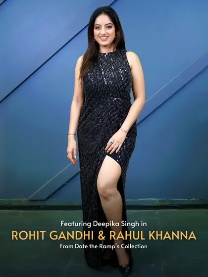 Featuring Deepika Singh in a glamorous black sequin gown. She proves that you can be both smart and stylish by choosing to rent designer wear.