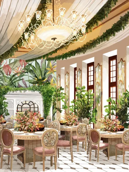 A look into our design process. These concept sketches show how we envision transforming a conventional ballroom into a charming space with an al fresco feel, complete with color options and detailed layouts.