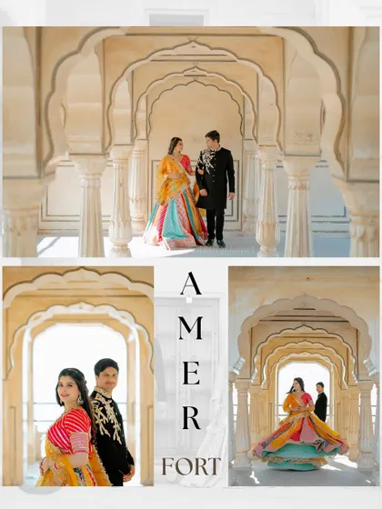 A collection of photos from Shekar and Shreyarani's shoot, showcasing the beautiful arches and corridors of Amer Fort as a backdrop.