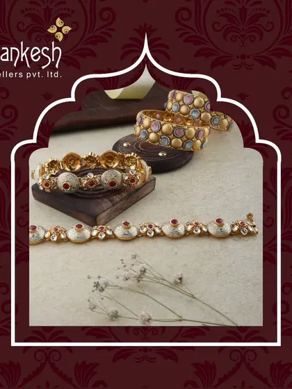 A showcase of our diverse bangle collection, including modern designs with coloured stones and intricate patterns, perfect for stacking and creating a unique style statement.