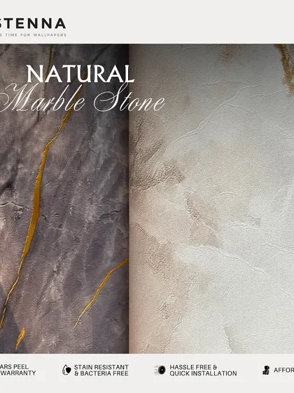 Achieve the timeless elegance of natural marble without the expense or upkeep. This image displays two of our natural stone designs, showing how they can add a touch of organic luxury and sophistication to your walls.