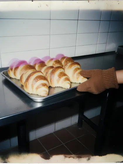 A tray of croissants is held beside the oven in our catalogue image of the finished bake.