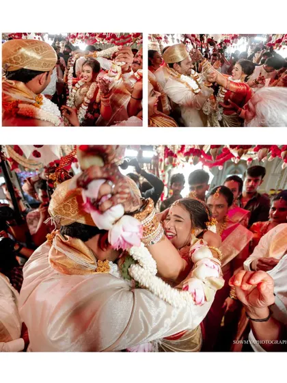 A collage of high-energy moments from a royal wedding, including the couple being lifted up by family during the garland exchange.