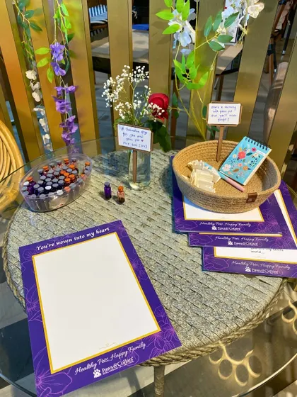 The setup for our Valentine's paw-print event. Every detail is thoughtfully arranged to create a special and welcoming experience for you and your pet.