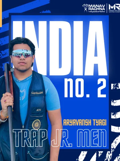We track and celebrate the rise of our athletes through national rankings. This graphic honors Aryavansh Tyagi's achievement of securing the No. 2 rank in Junior Trap Men, a result of his dedicated training at our academy.