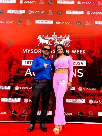 With a model at the Mysore Fashion Week auditions. My role in show production often begins with the casting process, where I help select the right faces to represent the collection.